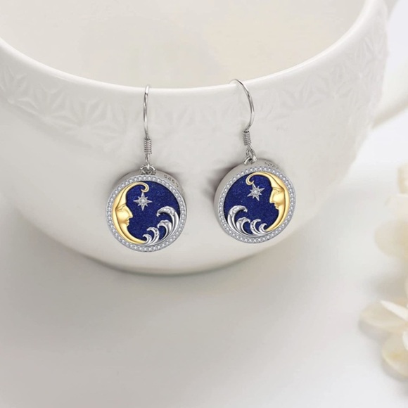 Lapus Lazuli Diamond Moon and Star Luxurious Starry Night Earrings - Picture 3 of 6